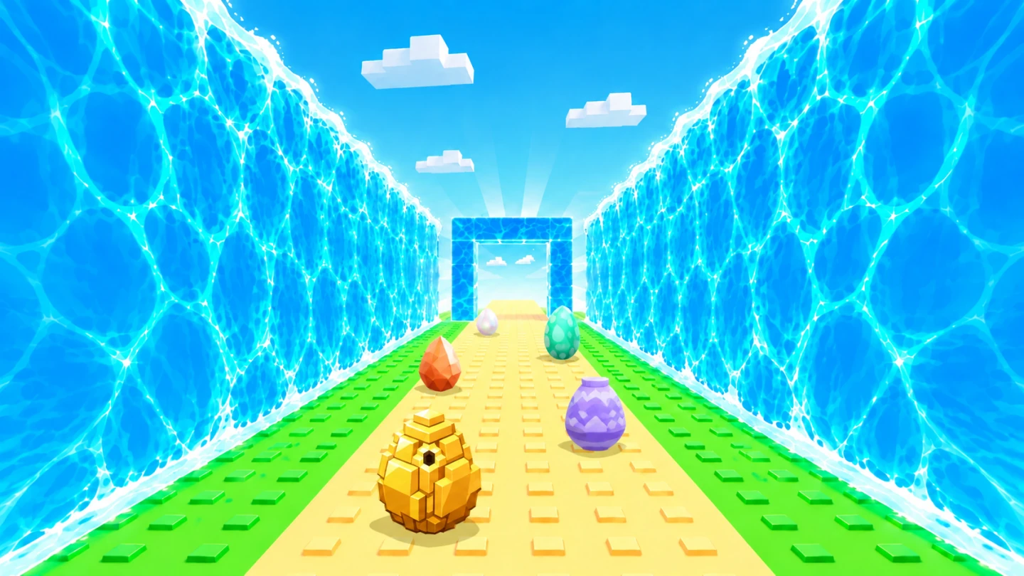 Illustrated sea route with collectible eggs aligned toward an open doorway